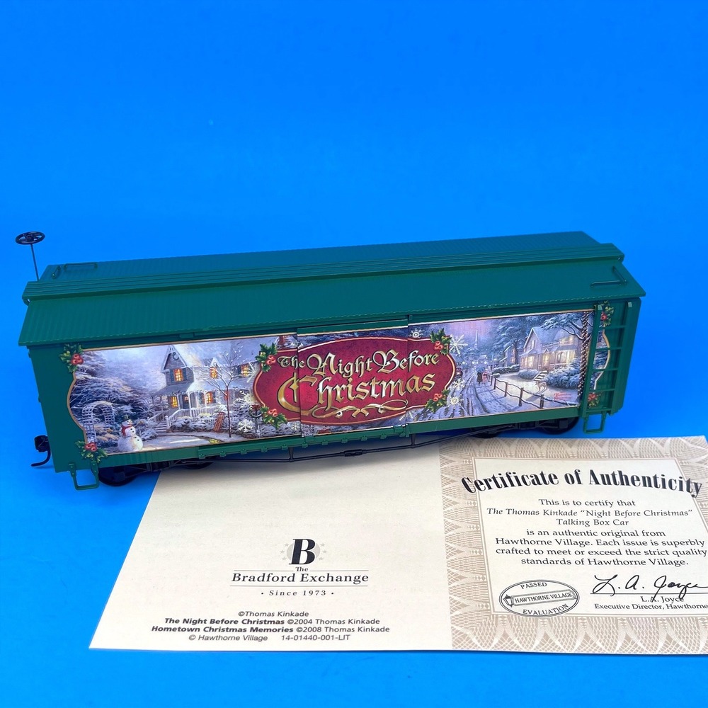 Thomas Kinkade Night Before Christmas Talking Box Car Green Hawthorne Village